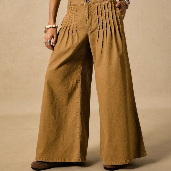 Khaki Boho Women's Western Washed Flared Loose Denim Trousers - Picture 5 of 7